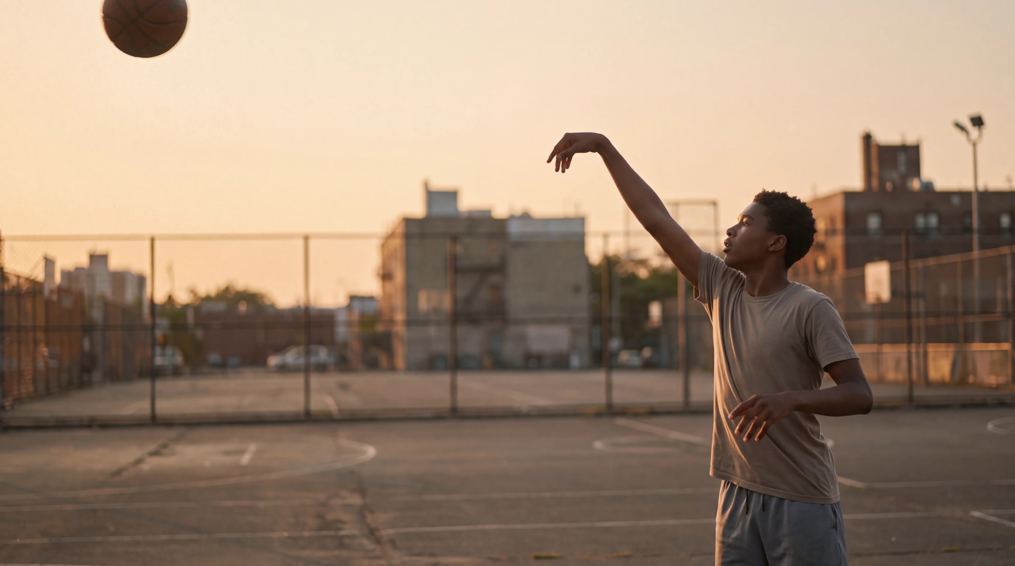 Un jugador termina un tiro a canasta al atardecer.